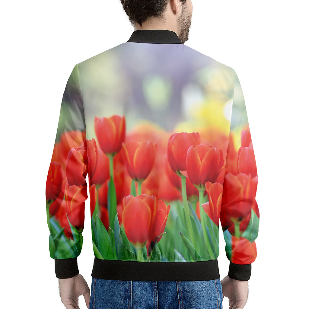 Red Tulip Print Men's Bomber Jacket