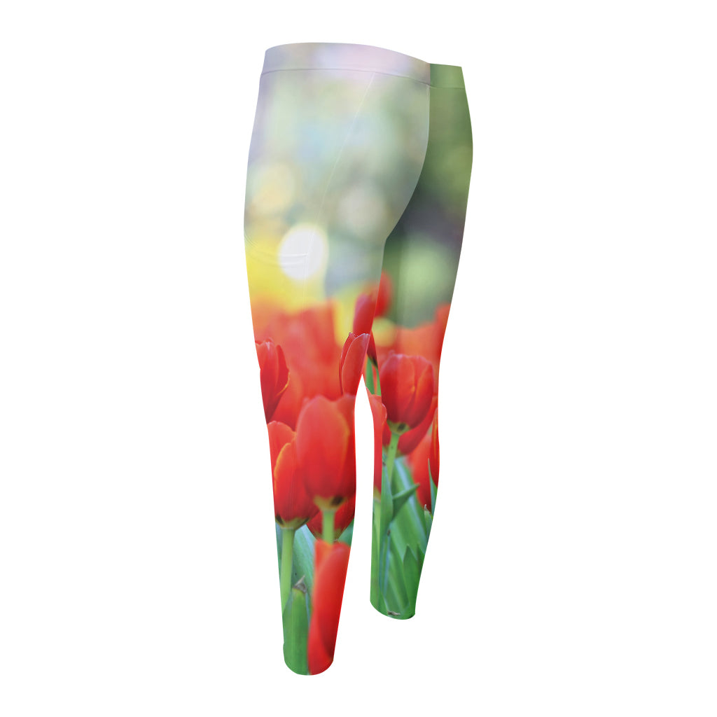 Red Tulip Print Men's Compression Pants