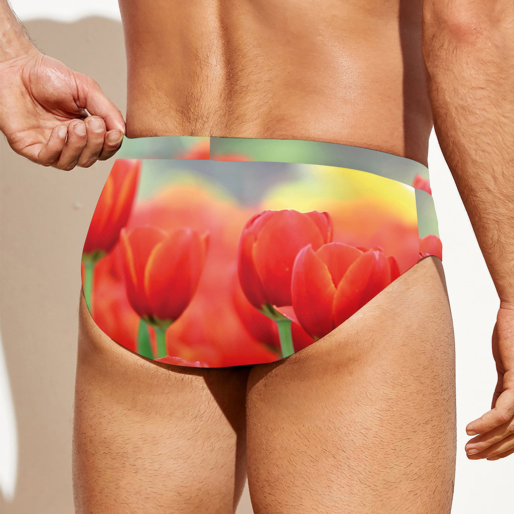 Red Tulip Print Men's Swim Briefs