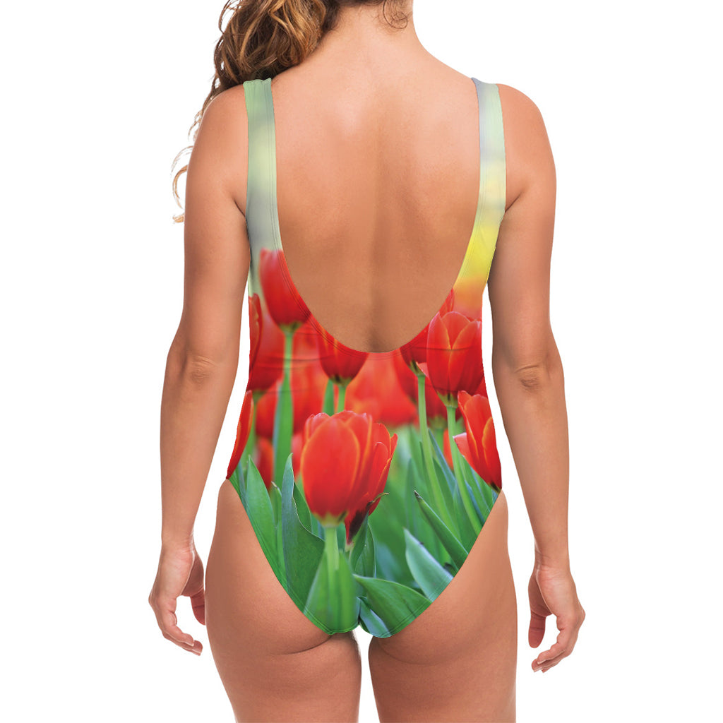 Red Tulip Print One Piece Swimsuit