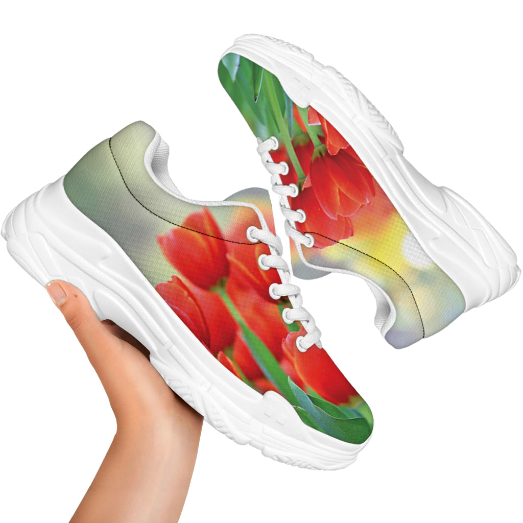 Red Tulip Print White Chunky Shoes