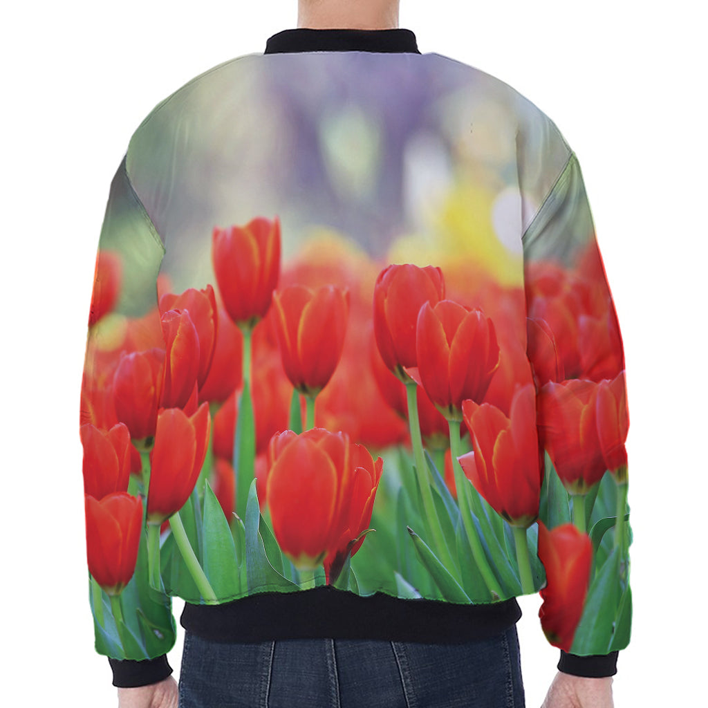Red Tulip Print Zip Sleeve Bomber Jacket