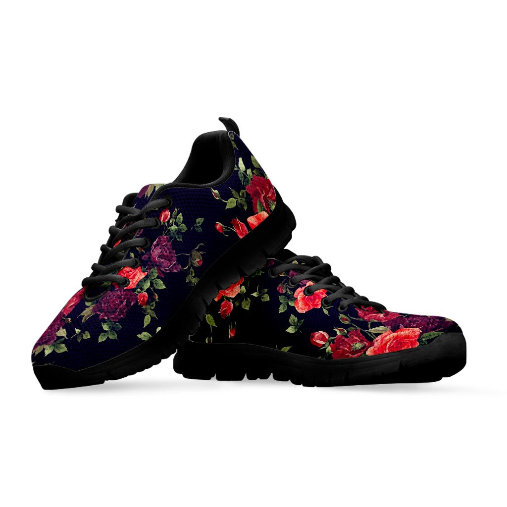 Red Violet Roses Floral Pattern Print Black Running Shoes