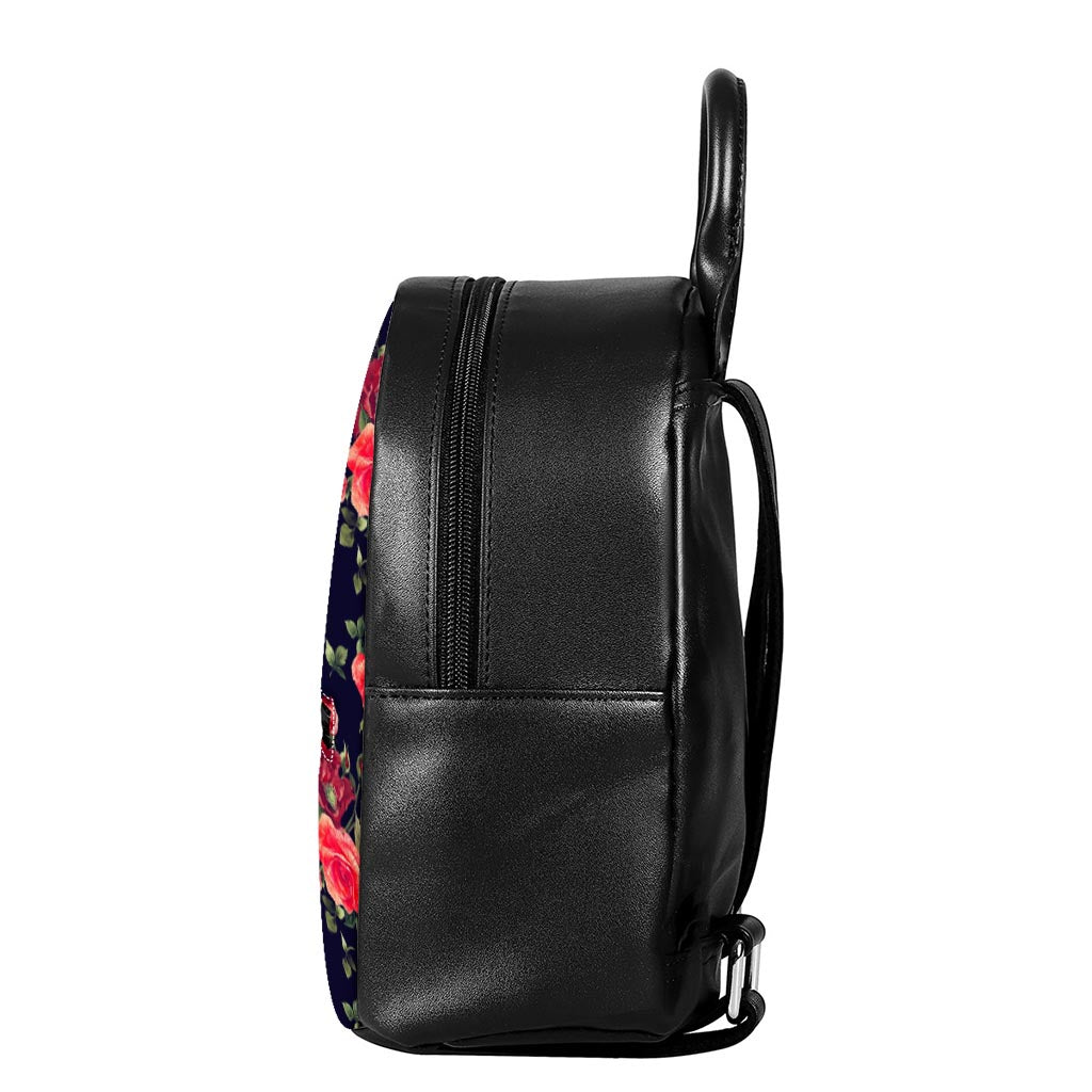 Red Violet Roses Floral Pattern Print Leather Backpack