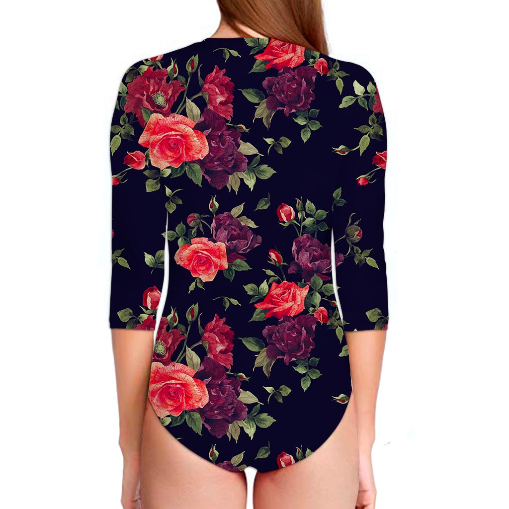 Red Violet Roses Floral Pattern Print Long Sleeve Swimsuit
