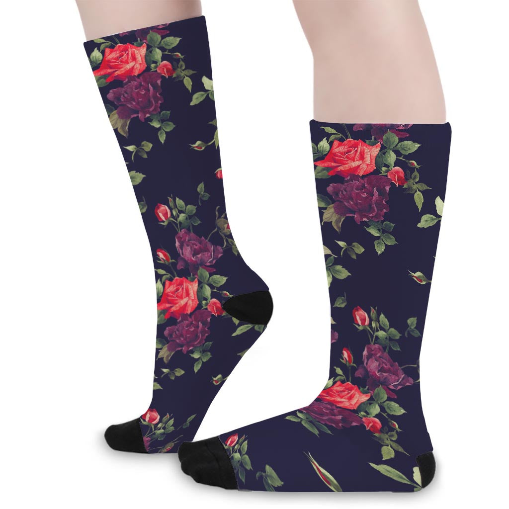 Red Violet Roses Floral Pattern Print Long Socks
