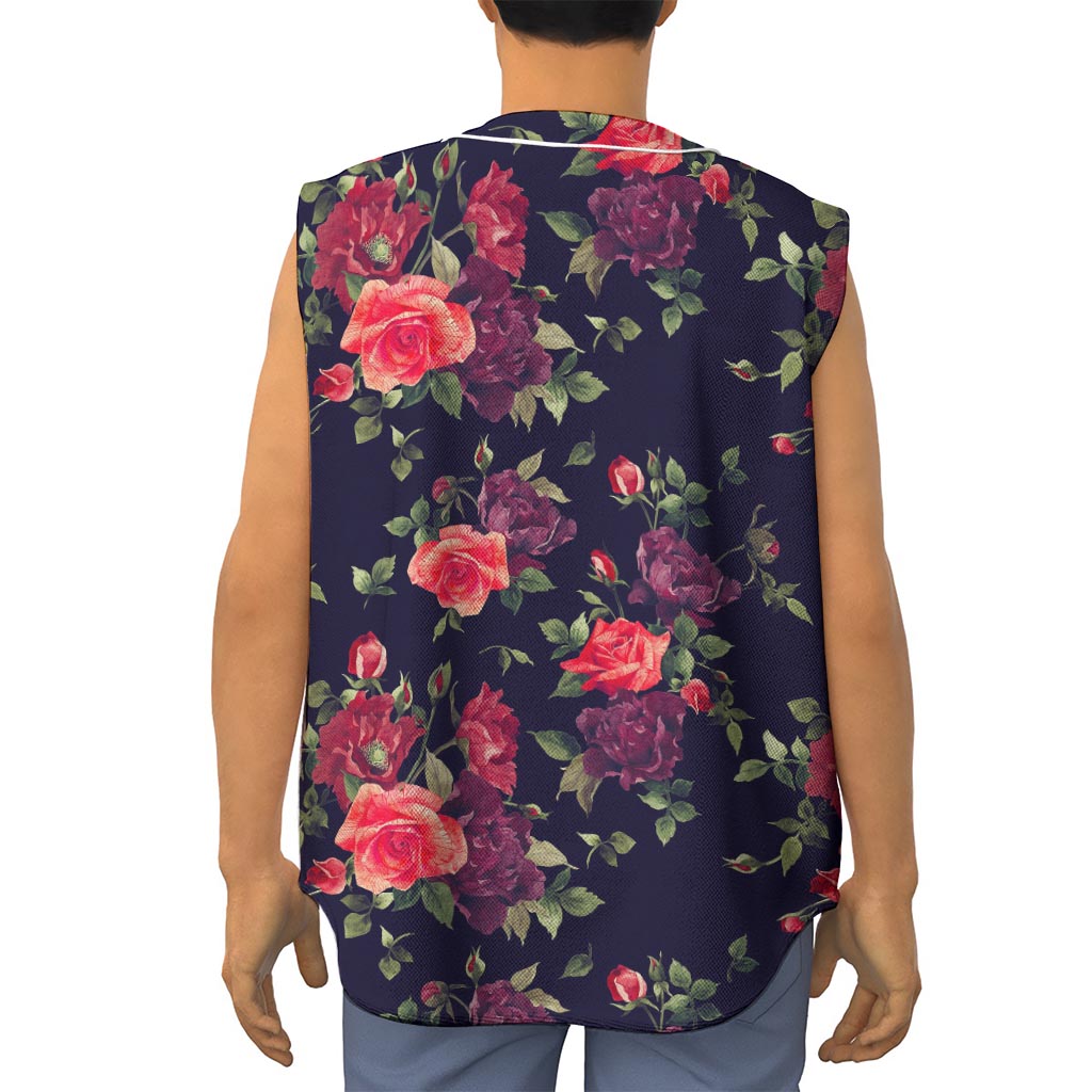 Red Violet Roses Floral Pattern Print Sleeveless Baseball Jersey