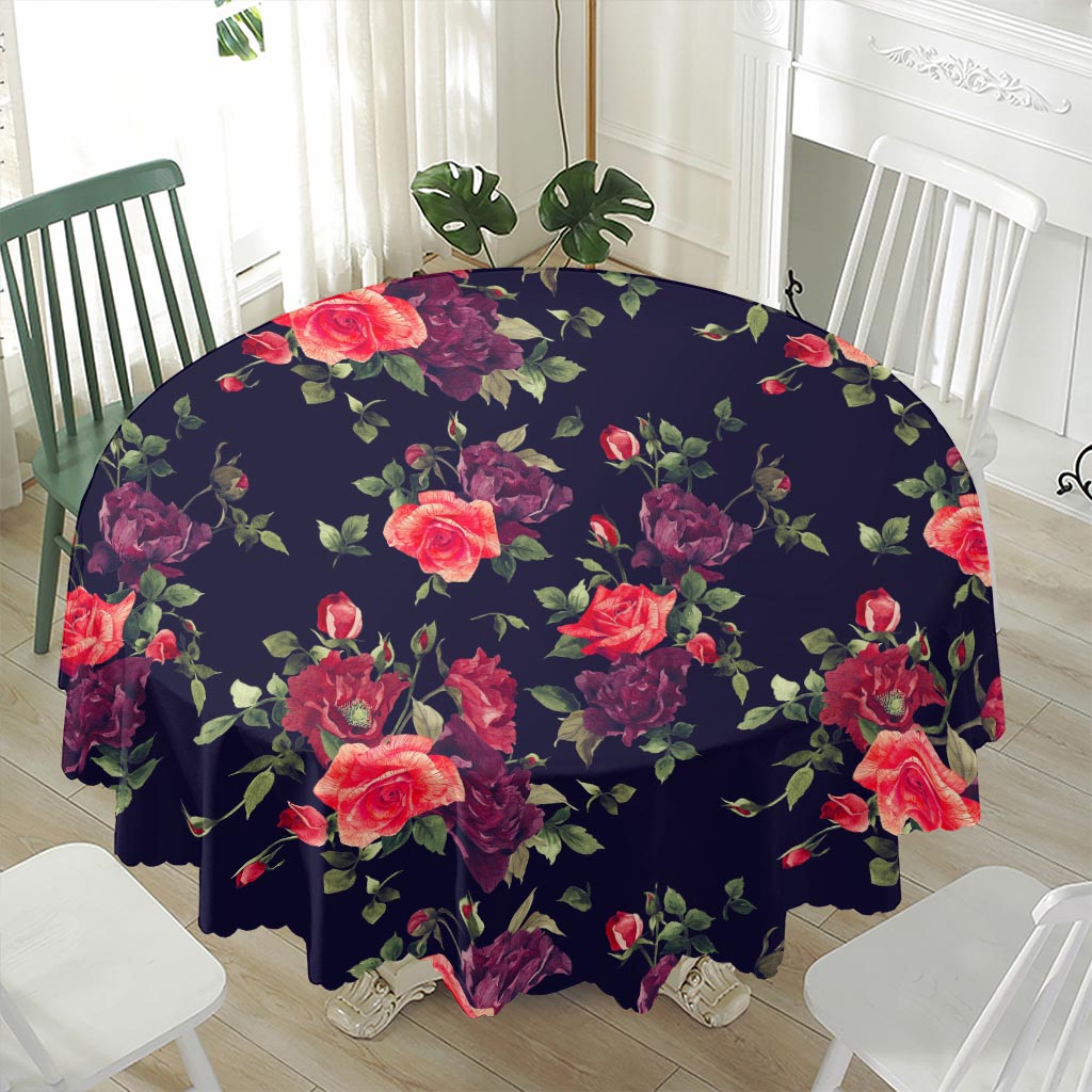 Red Violet Roses Floral Pattern Print Waterproof Round Tablecloth