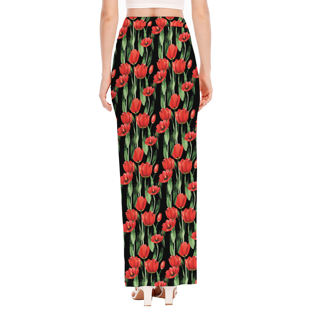 Red Watercolor Tulip Pattern Print High Slit Maxi Skirt