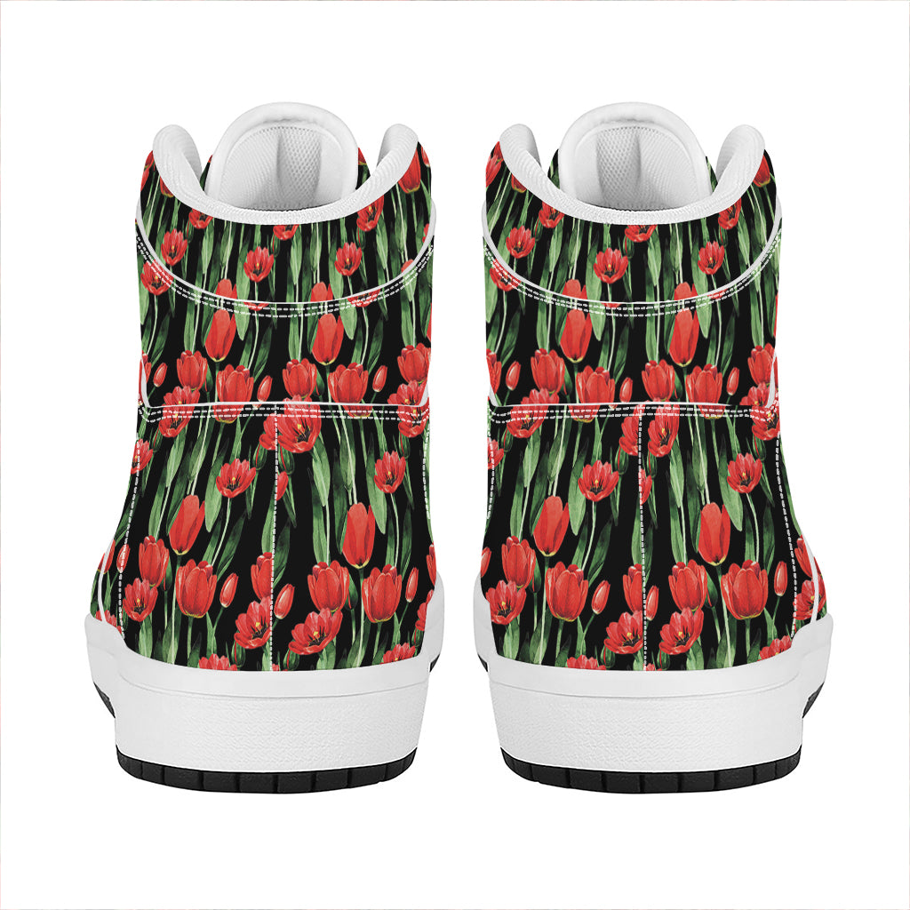 Red Watercolor Tulip Pattern Print High Top Leather Sneakers