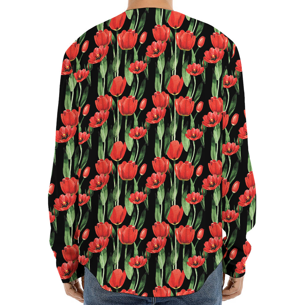 Red Watercolor Tulip Pattern Print Long Sleeve Baseball Jersey