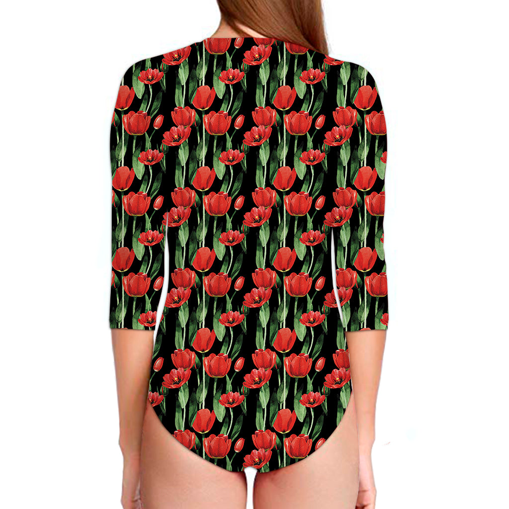 Red Watercolor Tulip Pattern Print Long Sleeve Swimsuit