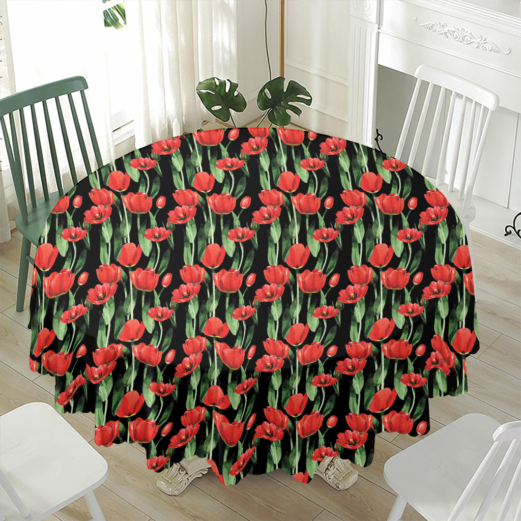 Red Watercolor Tulip Pattern Print Waterproof Round Tablecloth