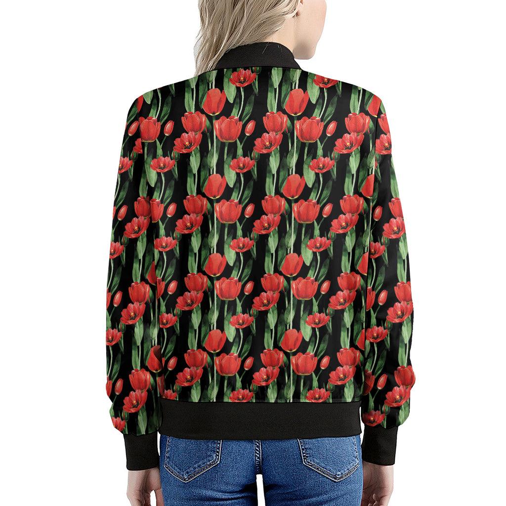 Red Watercolor Tulip Pattern Print Women's Bomber Jacket