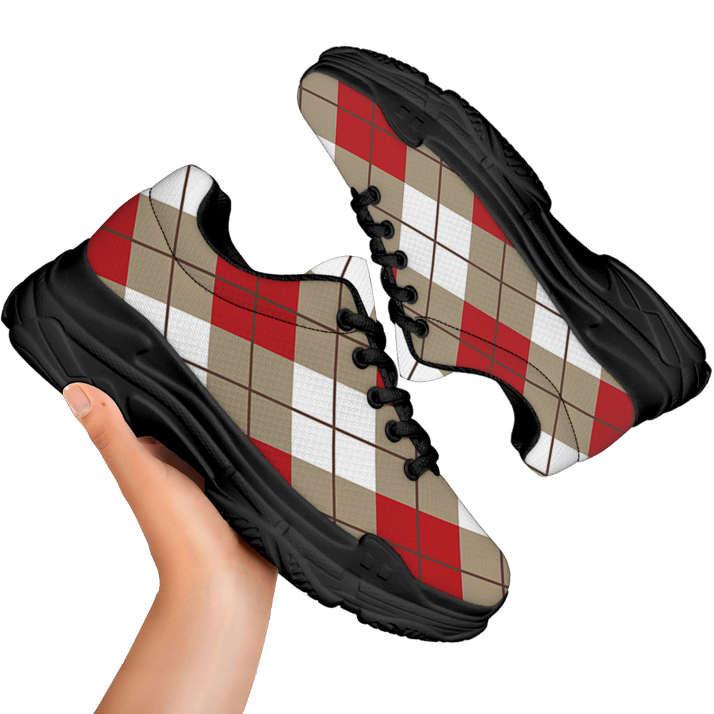 Red White And Beige Argyle Pattern Print Black Chunky Shoes