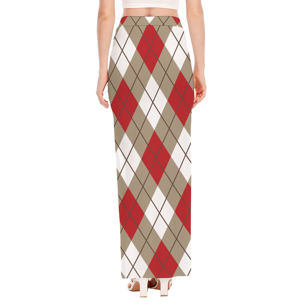 Red White And Beige Argyle Pattern Print High Slit Maxi Skirt