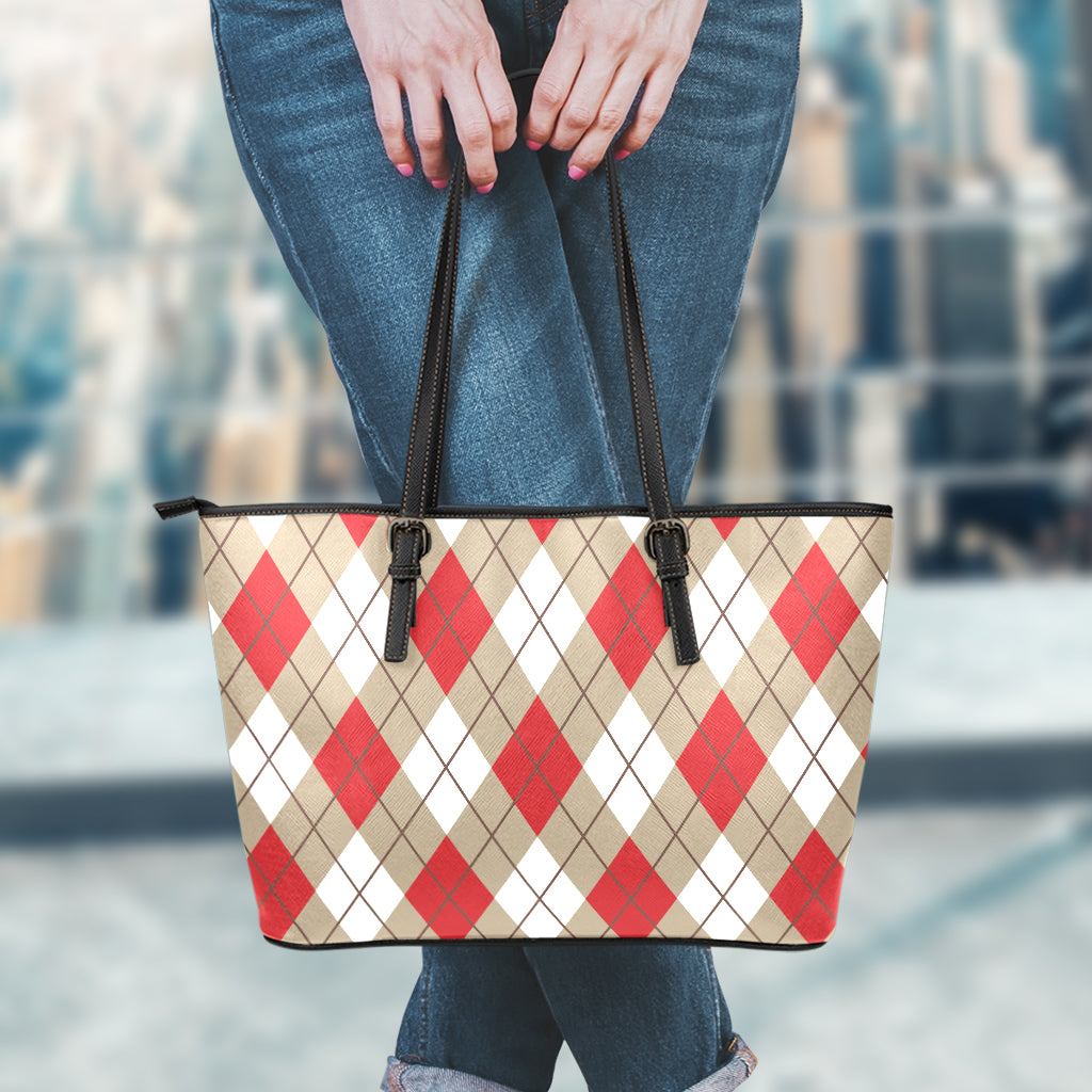 Red White And Beige Argyle Pattern Print Leather Tote Bag