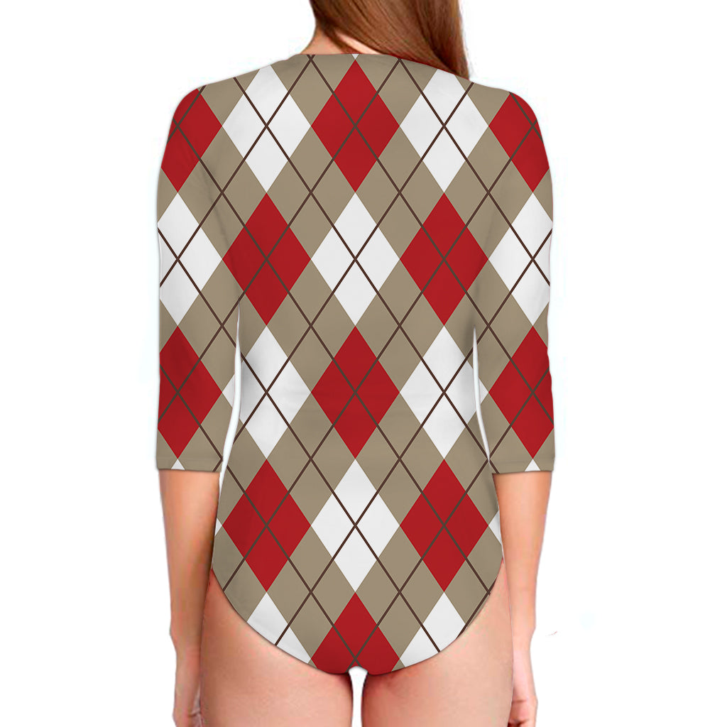 Red White And Beige Argyle Pattern Print Long Sleeve Swimsuit
