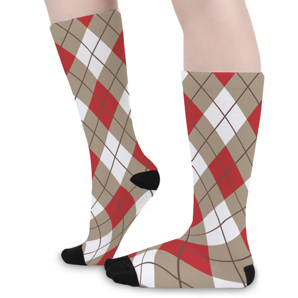 Red White And Beige Argyle Pattern Print Long Socks