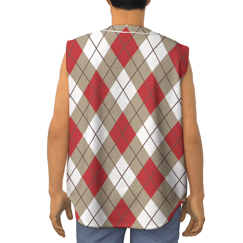 Red White And Beige Argyle Pattern Print Sleeveless Baseball Jersey