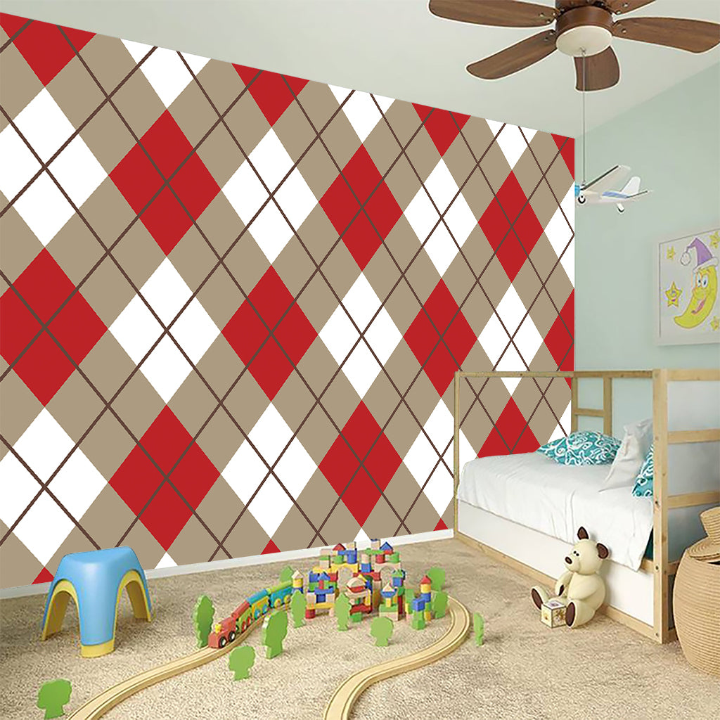 Red White And Beige Argyle Pattern Print Wall Sticker