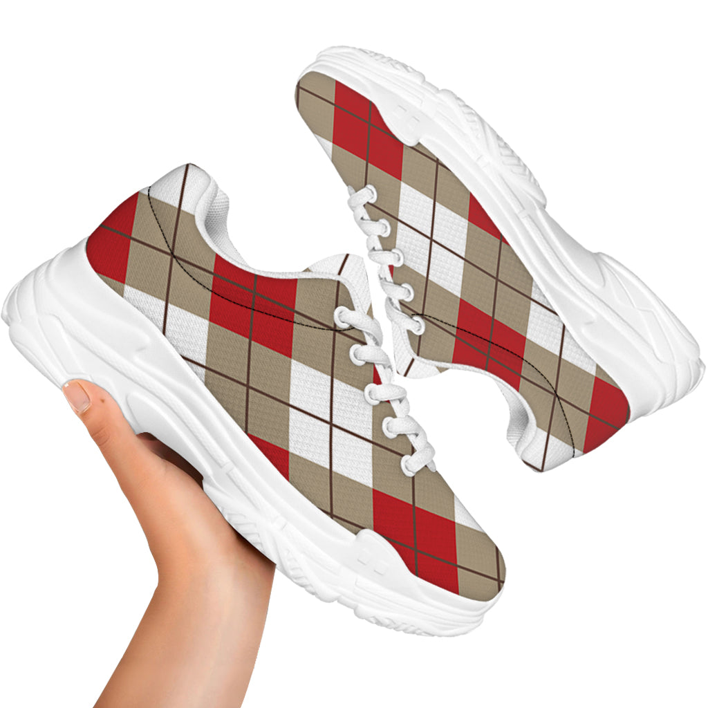 Red White And Beige Argyle Pattern Print White Chunky Shoes