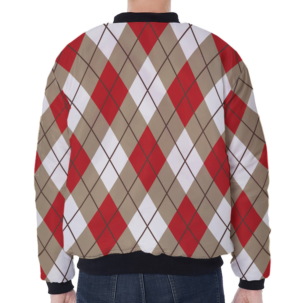 Red White And Beige Argyle Pattern Print Zip Sleeve Bomber Jacket