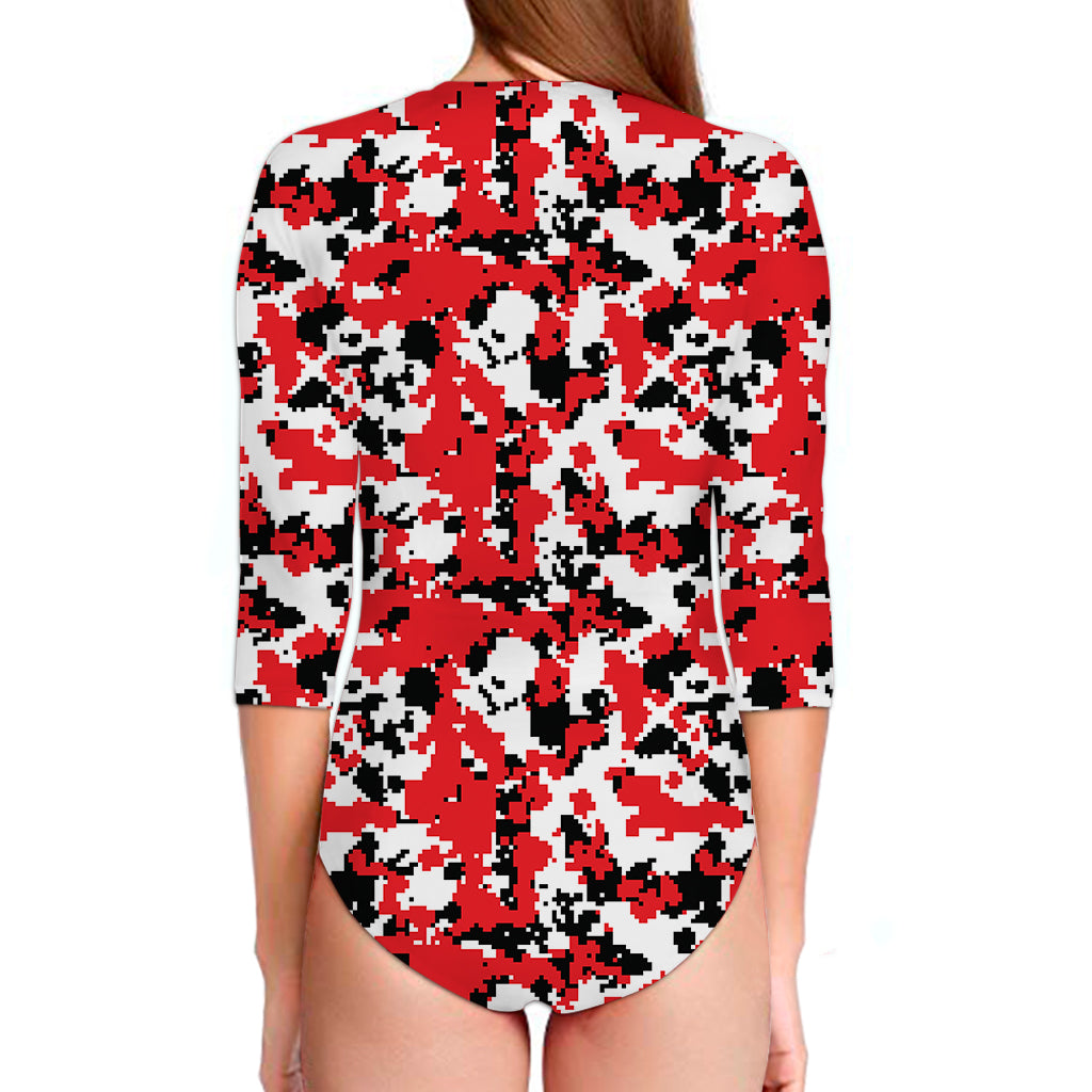 Red White And Black Digital Camo Print Long Sleeve Swimsuit