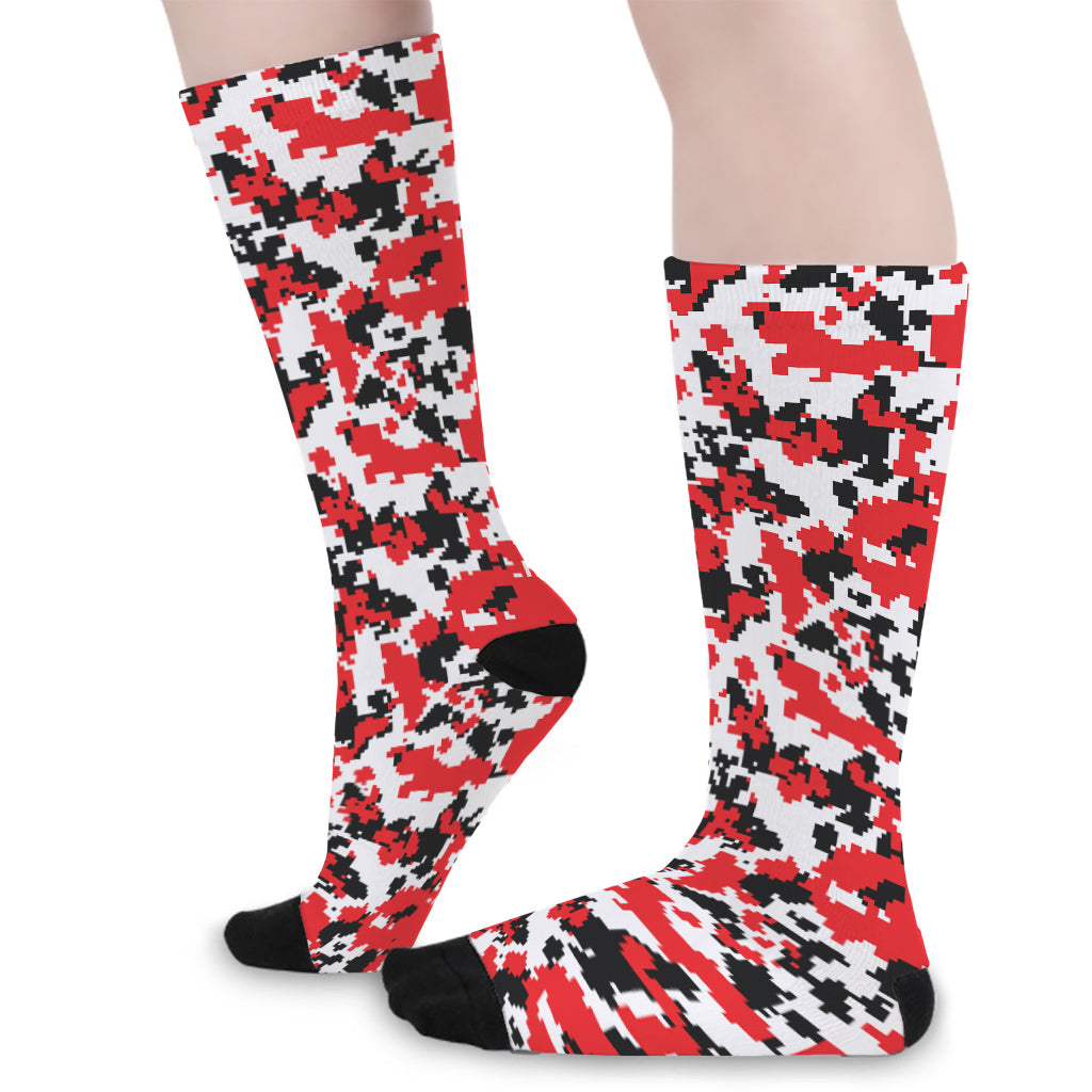 Red White And Black Digital Camo Print Long Socks