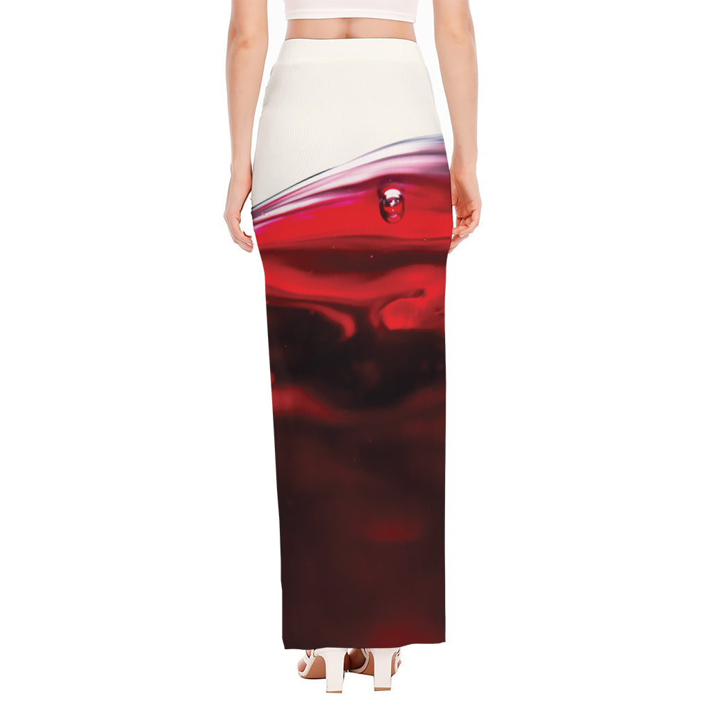 Red Wine Print High Slit Maxi Skirt