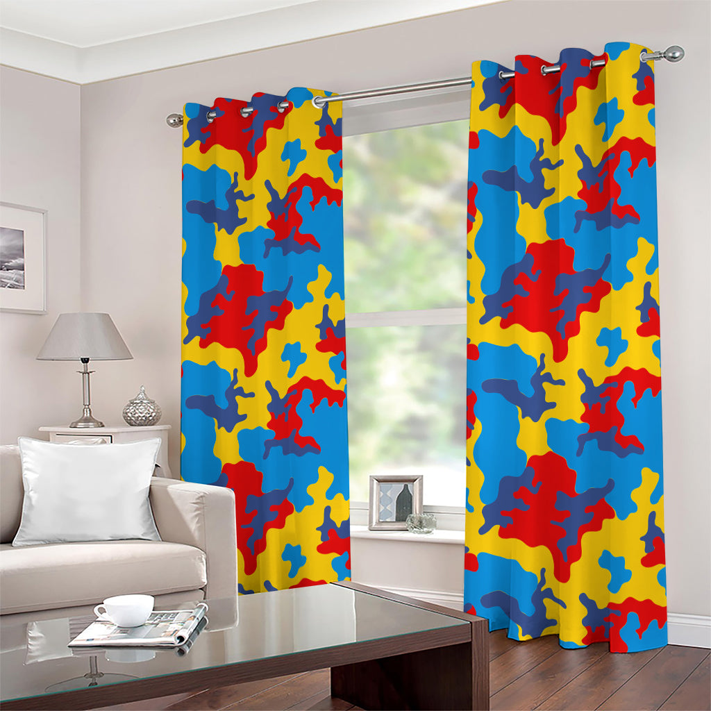 Red Yellow And Blue Camouflage Print Extra Wide Grommet Curtains