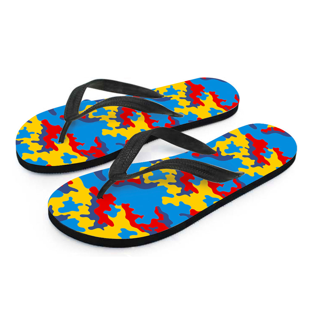 Red Yellow And Blue Camouflage Print Flip Flops