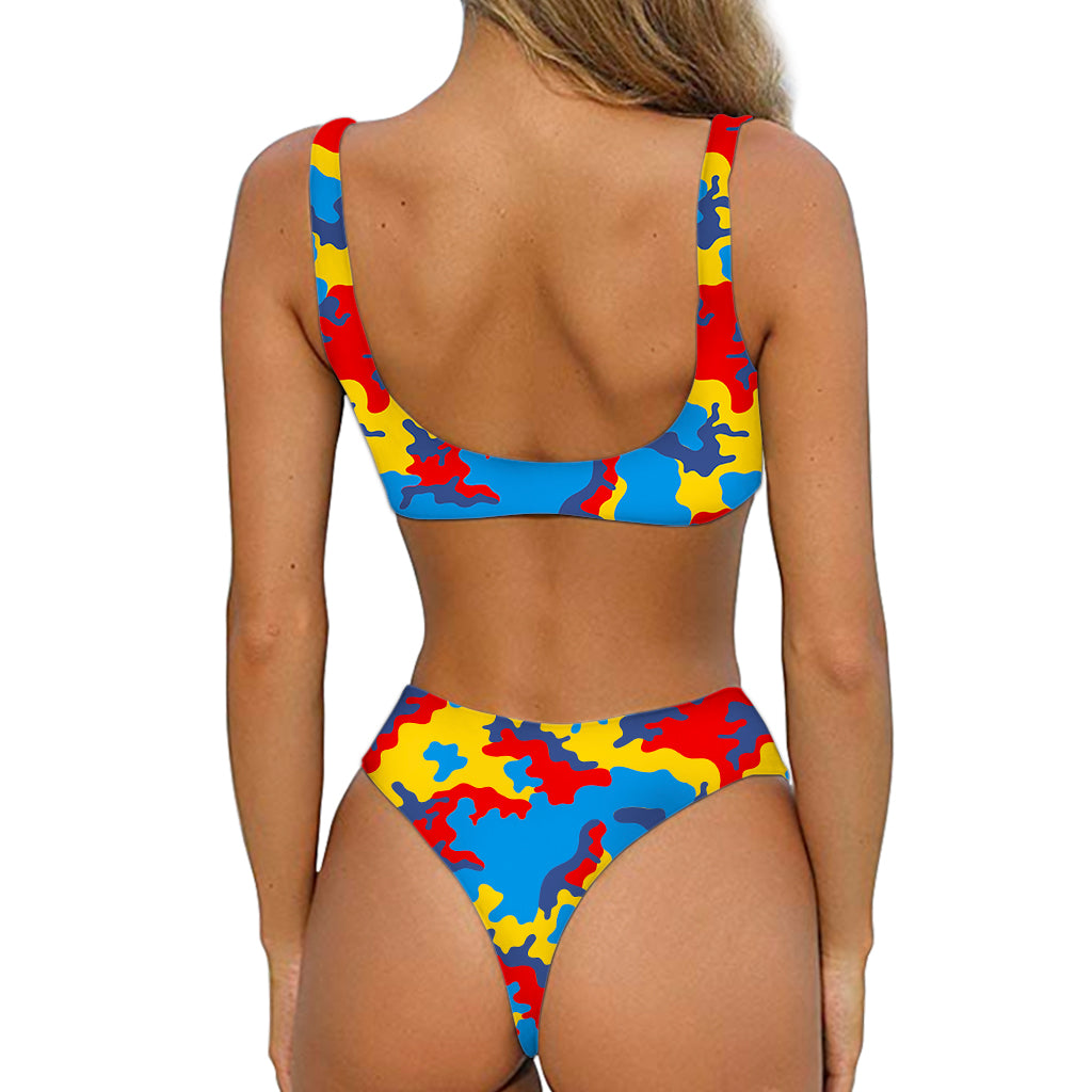 Red Yellow And Blue Camouflage Print Front Bow Tie Bikini