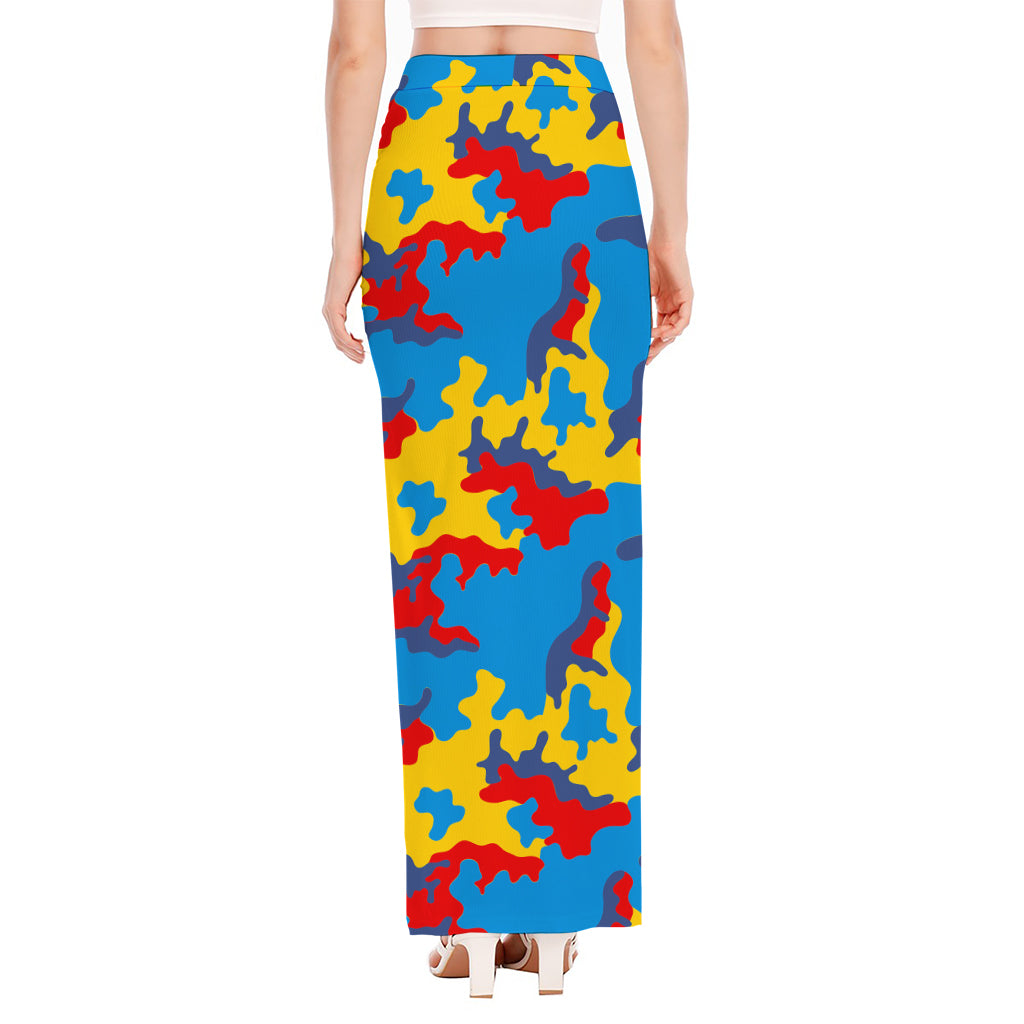 Red Yellow And Blue Camouflage Print High Slit Maxi Skirt