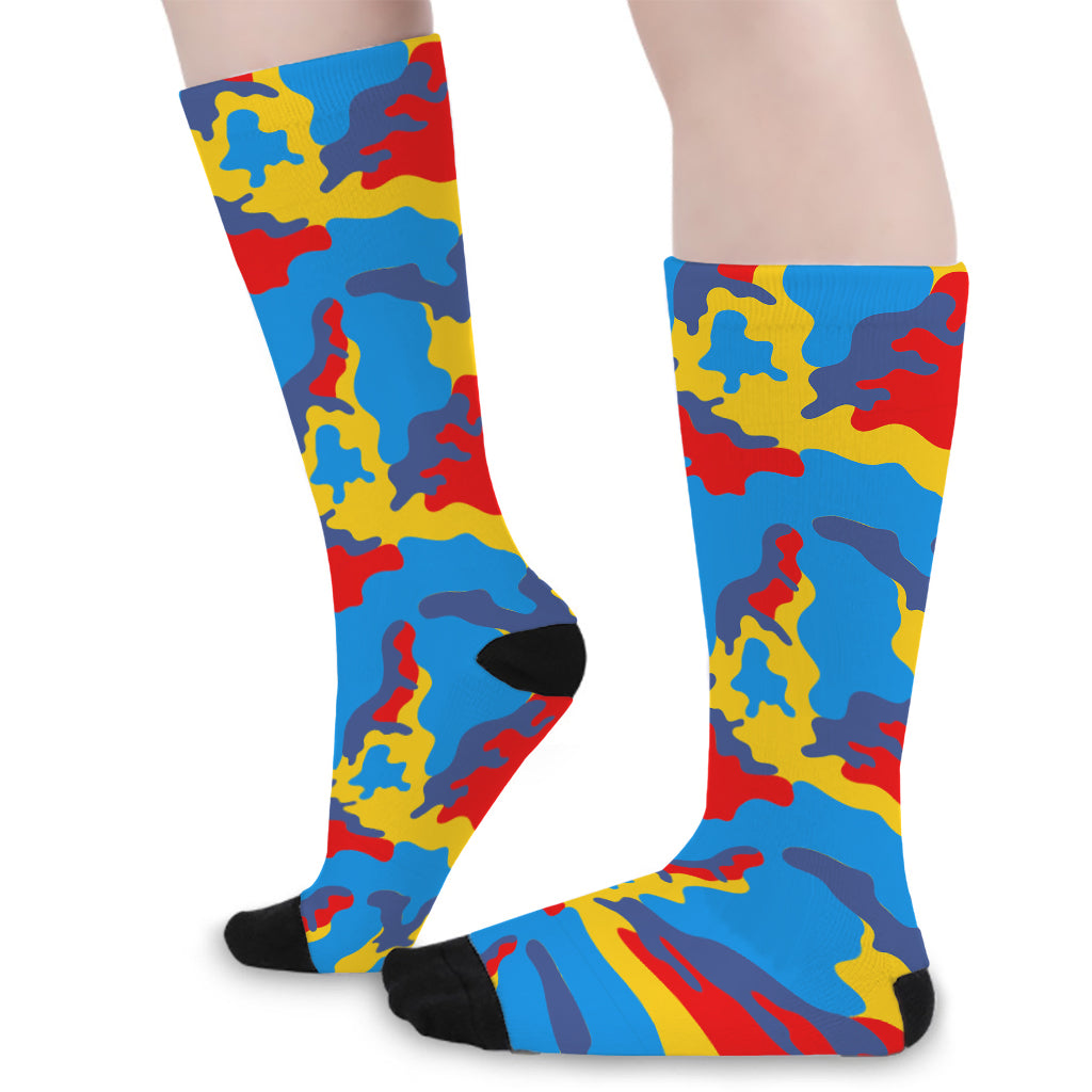 Red Yellow And Blue Camouflage Print Long Socks