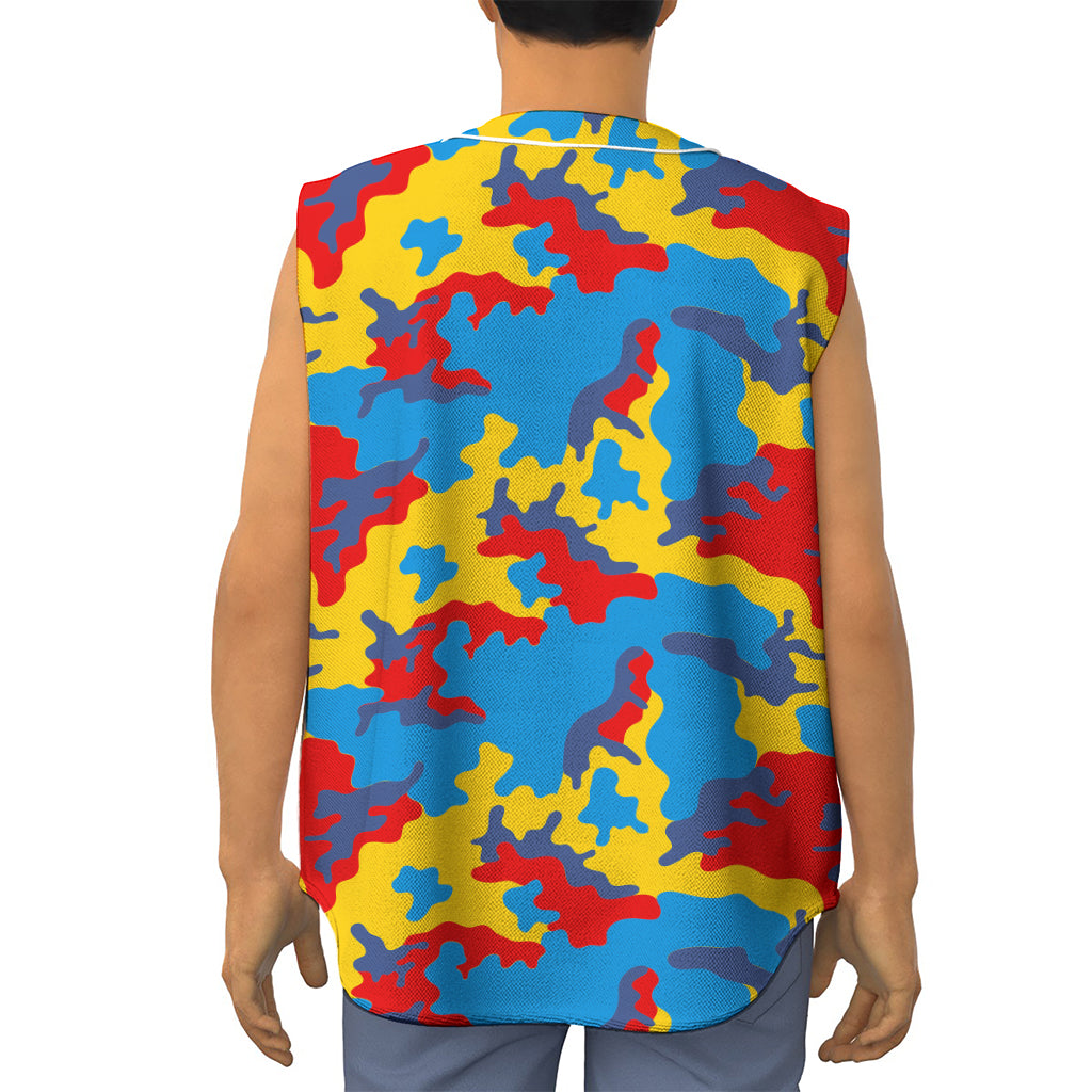 Red Yellow And Blue Camouflage Print Sleeveless Baseball Jersey