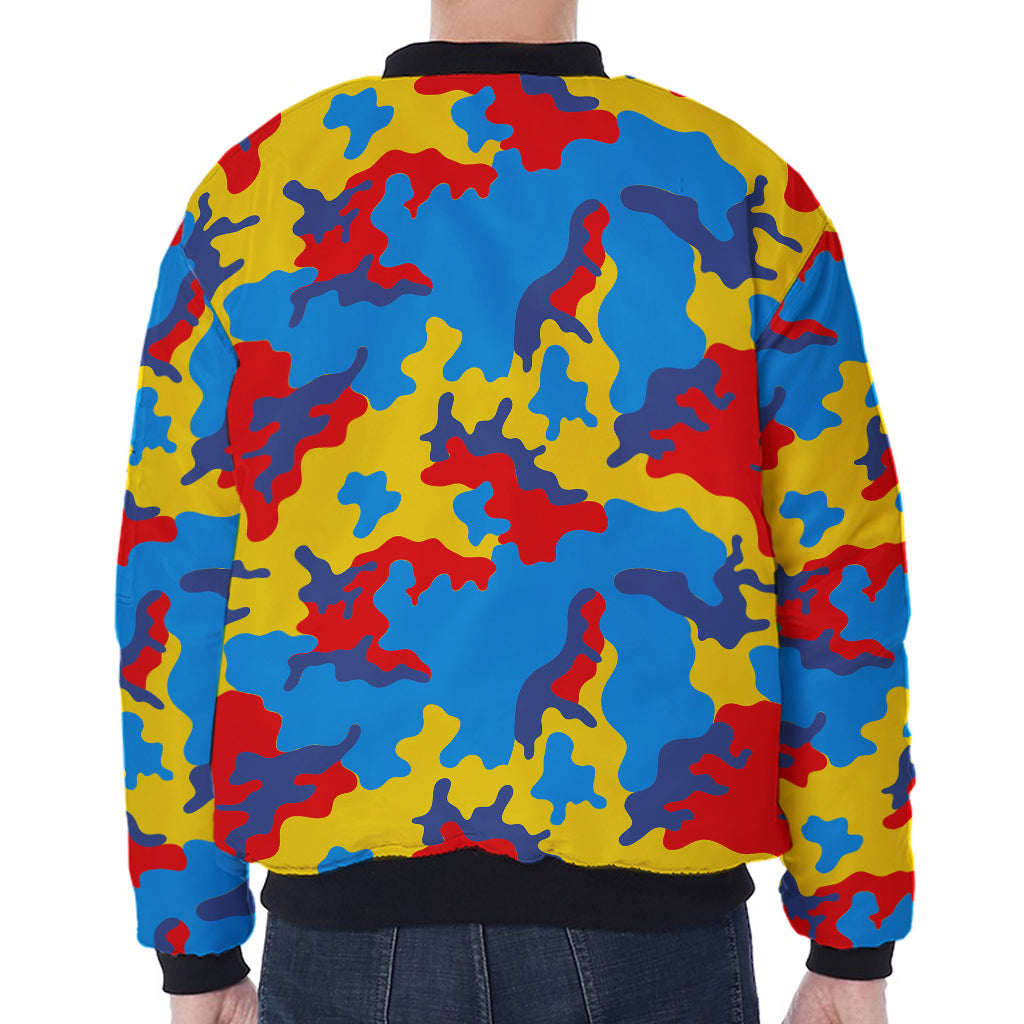 Red Yellow And Blue Camouflage Print Zip Sleeve Bomber Jacket