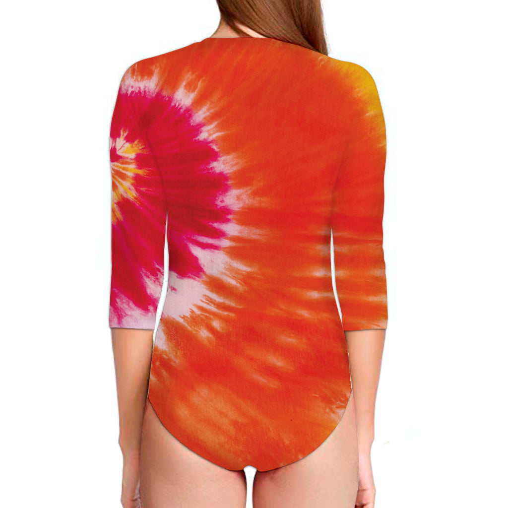 Red Yellow And Orange Tie Dye Print Long Sleeve Swimsuit