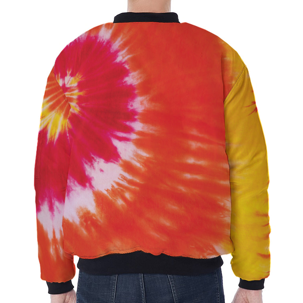 Red Yellow And Orange Tie Dye Print Zip Sleeve Bomber Jacket