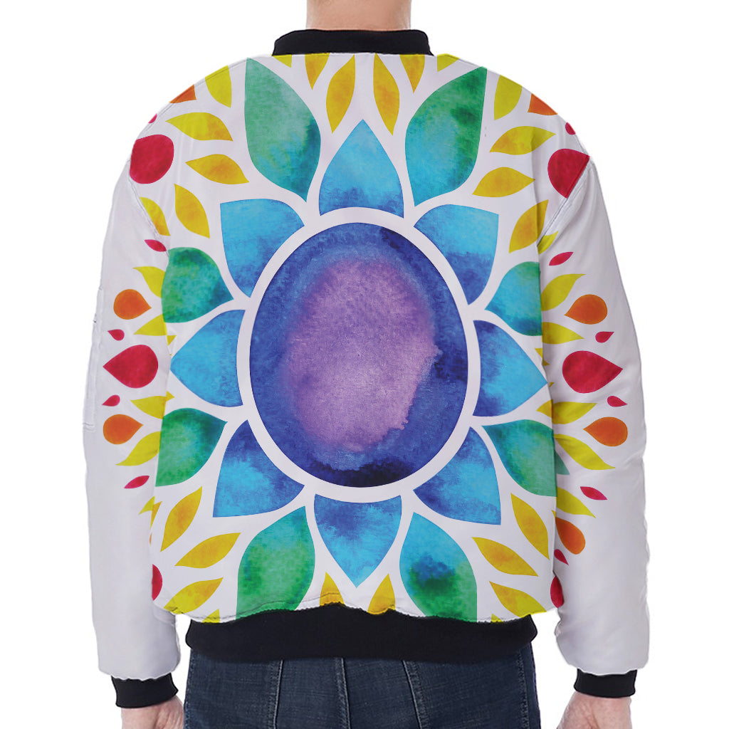 Reiki Chakra Flower Print Zip Sleeve Bomber Jacket