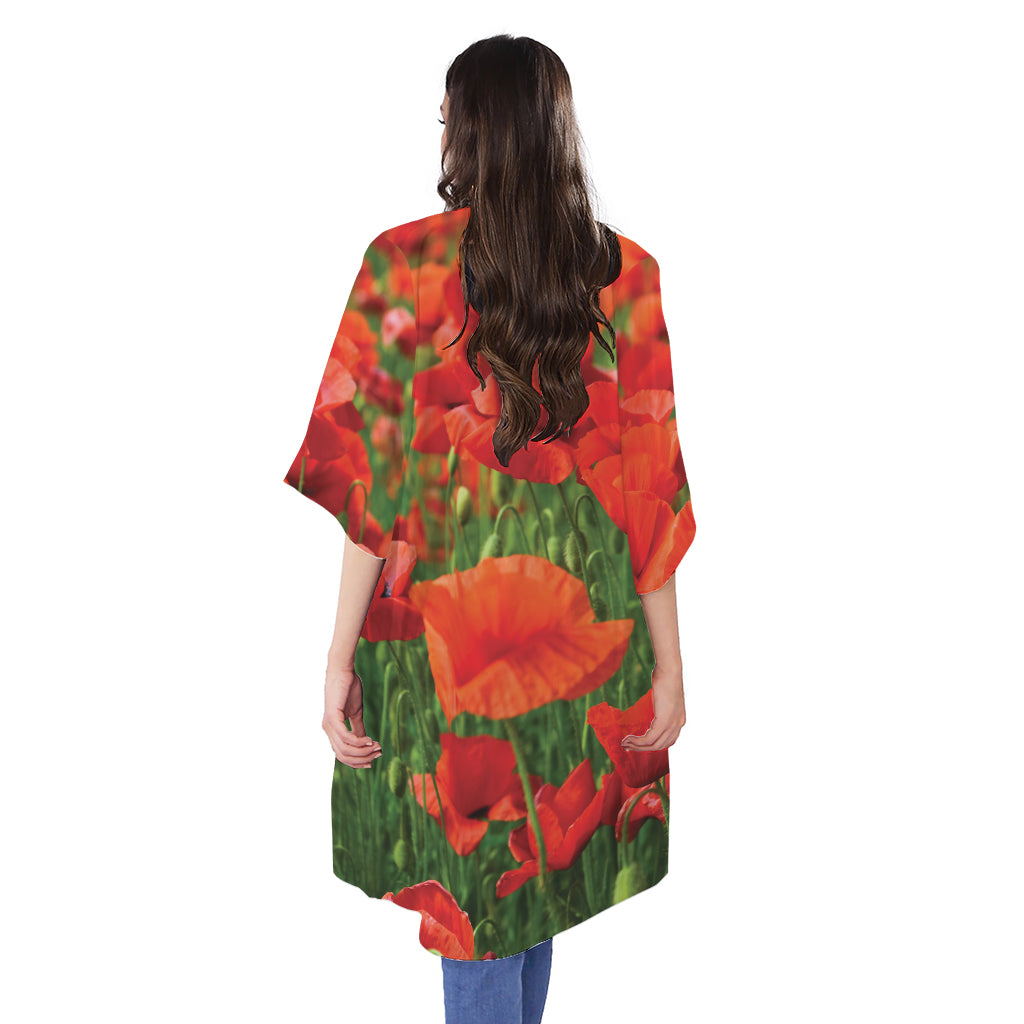 Remembrance Day Poppy Print Open Front Beach Cover Up