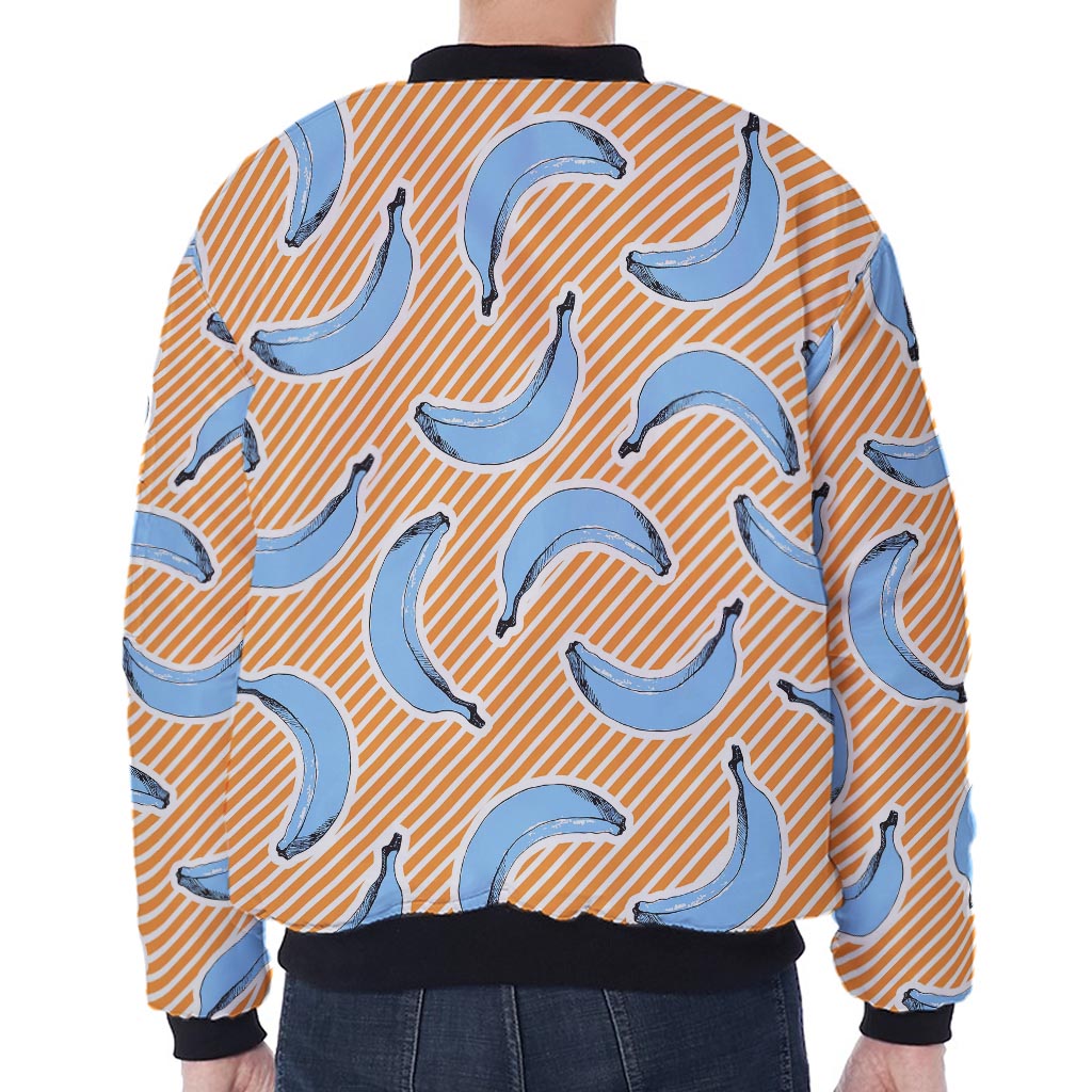 Retro Blue Banana Pattern Print Zip Sleeve Bomber Jacket