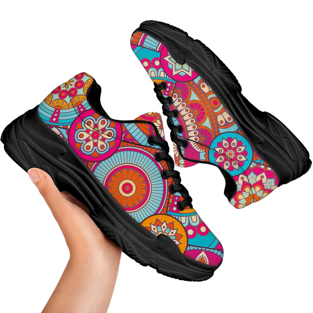 Retro Bohemian Mandala Pattern Print Black Chunky Shoes