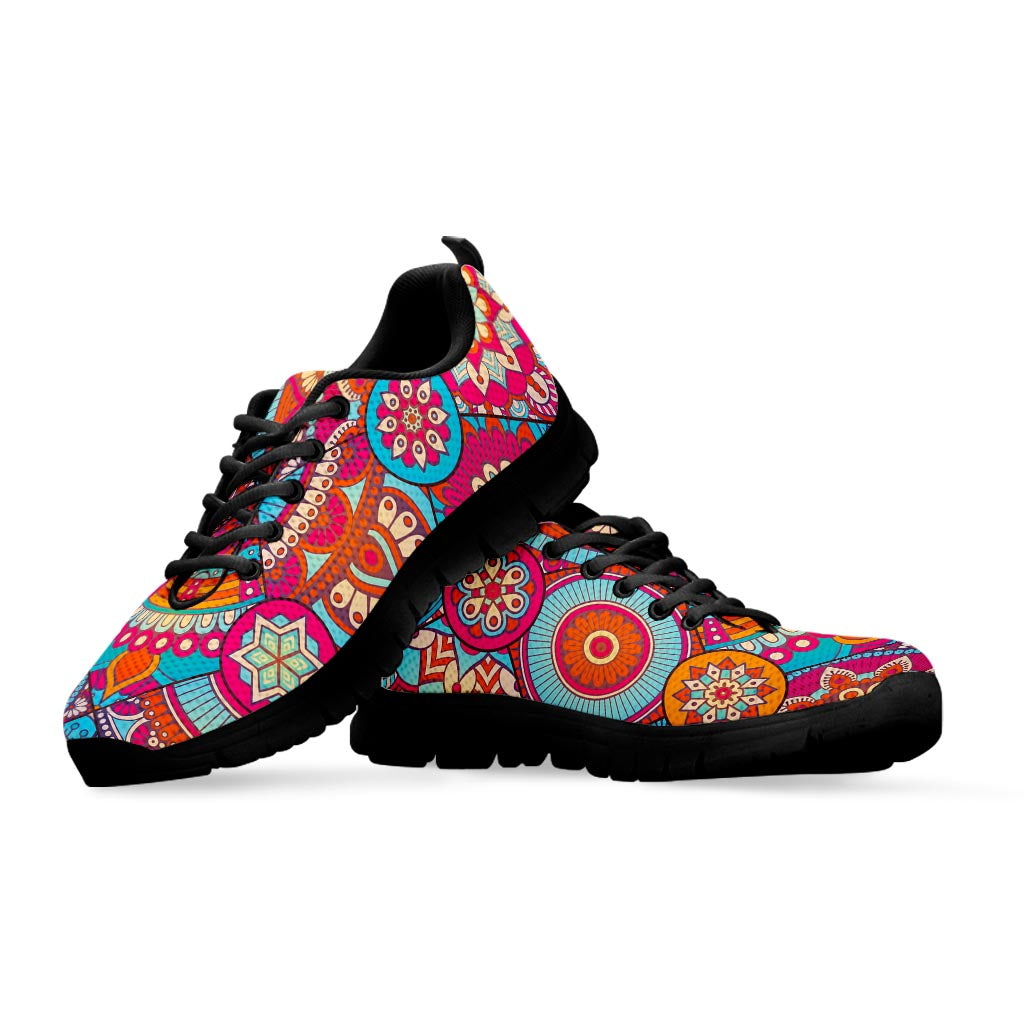 Retro Bohemian Mandala Pattern Print Black Running Shoes