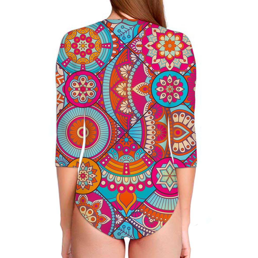 Retro Bohemian Mandala Pattern Print Long Sleeve Swimsuit