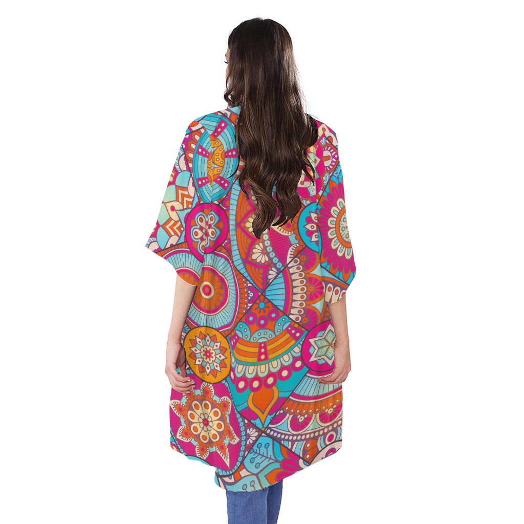 Retro Bohemian Mandala Pattern Print Open Front Beach Cover Up