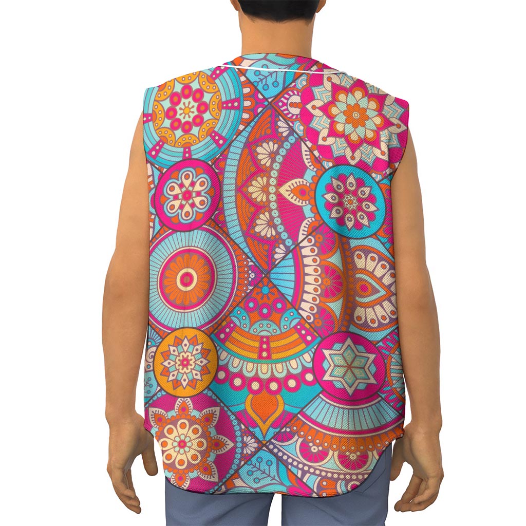 Retro Bohemian Mandala Pattern Print Sleeveless Baseball Jersey