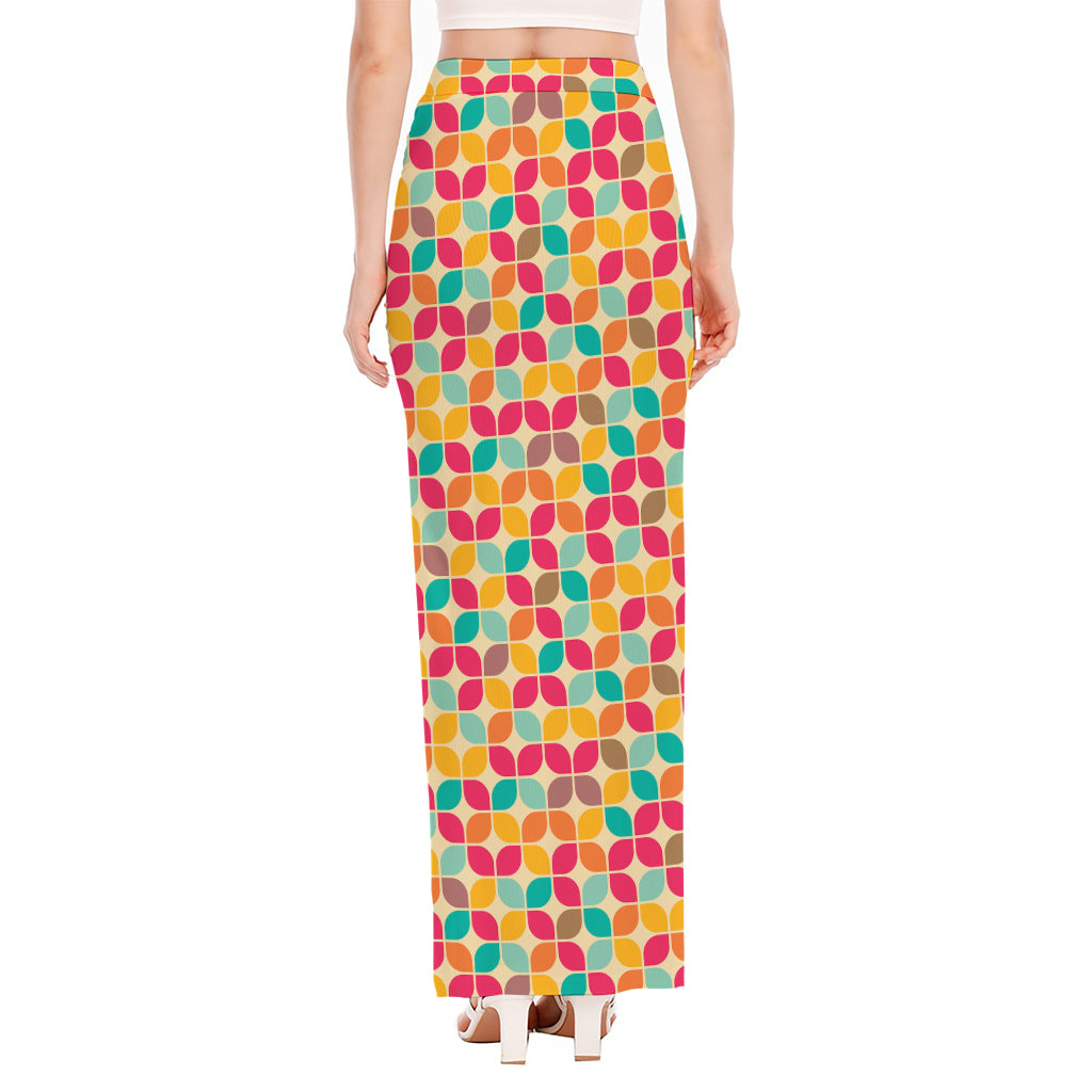 Retro Geometric Rounded Square Print High Slit Maxi Skirt