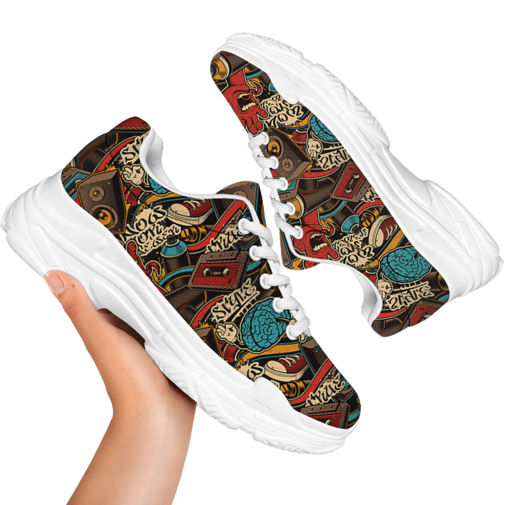 Retro Graffiti Pattern Print White Chunky Shoes