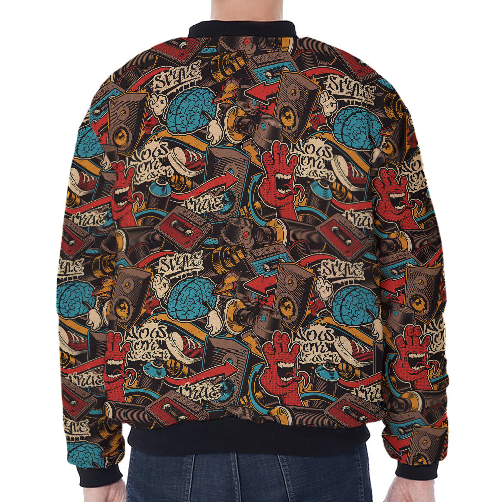 Retro Graffiti Pattern Print Zip Sleeve Bomber Jacket